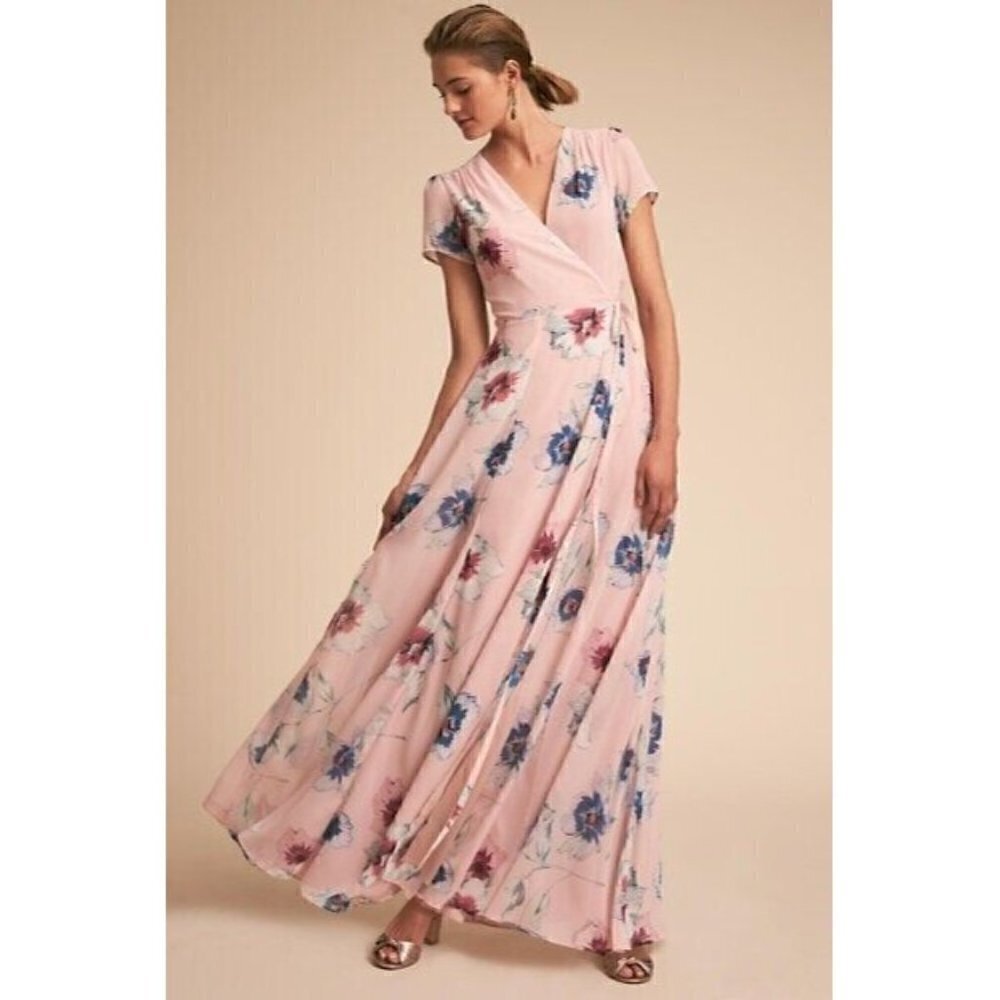 Yumi Kim Bridesmaid Bhldn Calypso Pink Floral Wrap Dress Woman's Sz S